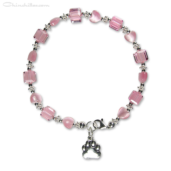 Valentine's Day Pink Swarovski Crystal & Heart Chinchilla Paw Charm Bracelet